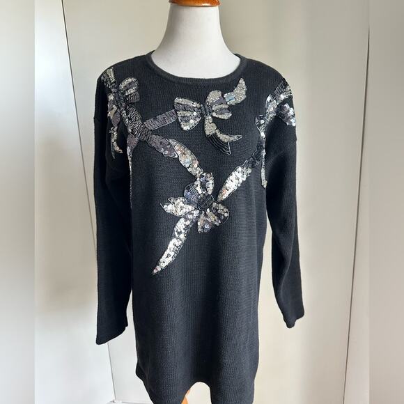 Womens Vintage 80s Sweater Sequin Bow Details Black Silver Size large Party - Picture 2 of 9